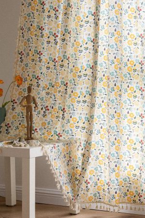 Bohemian Semi-Blackout Curtains | Colorful Floral Cotton Linen | Handmade Tassel Rod Bag Style