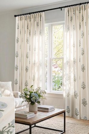 Blue-Green French Country Linen Curtains | Translucent Pleated Design | Suitable for Sliding Glass Doors
