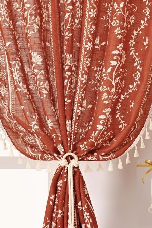 Burnt Orange Bohemian Tassel Curtains | Rod Bag & Straps | Farmhouse Style with Tie-on