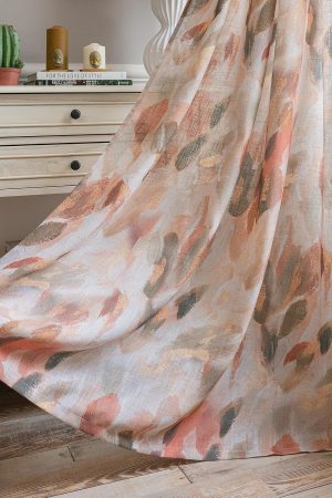 Coral Orange Floral Linen Curtains with Perforated Design for Light Transmission | Privacy Protection for Bedrooms and Dining Rooms