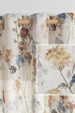 Summer Floral Pleated Linen Curtains | Yellow Semi-Sheer | Farmhouse Style Living Room/Dining Room